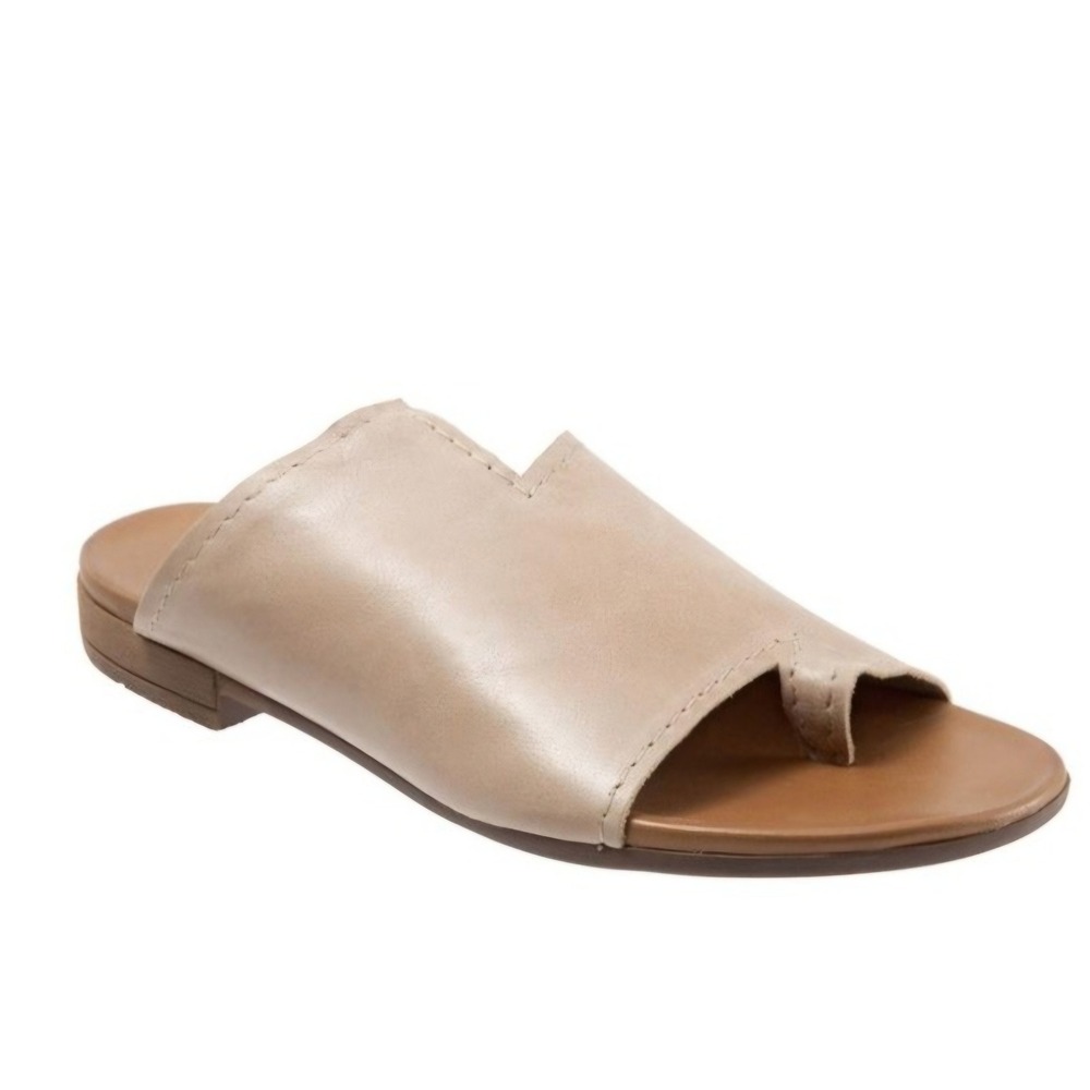 Bueno Women Leather Toe Loop Sandals Taupe Flat V-Cutout Mules Size 40 italy